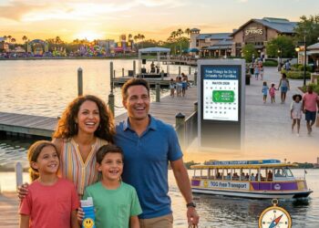 A happy family watching a colorful Mardi Gras parade on a ferry while utilizing a free Disney water taxi service in 2026