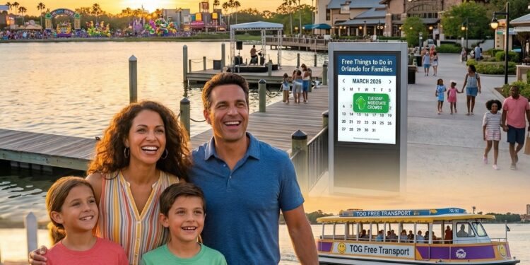 A happy family watching a colorful Mardi Gras parade on a ferry while utilizing a free Disney water taxi service in 2026