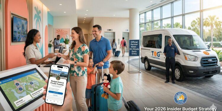 A happy family arriving at one of the top budget hotels near Orlando parks with their suitcases