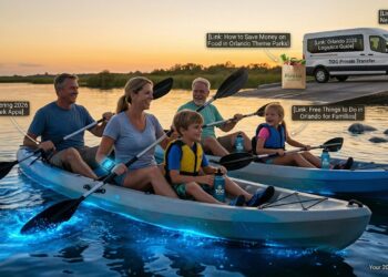 A happy family using bioluminescent kayaking paddles to stir up glowing water at Merritt Island National Wildlife Refuge, illustrating the best eco-tours for families in Orlando.