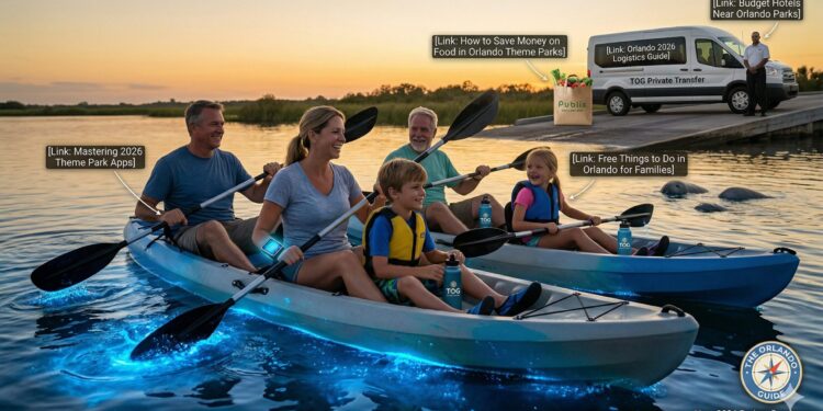 A happy family using bioluminescent kayaking paddles to stir up glowing water at Merritt Island National Wildlife Refuge, illustrating the best eco-tours for families in Orlando.