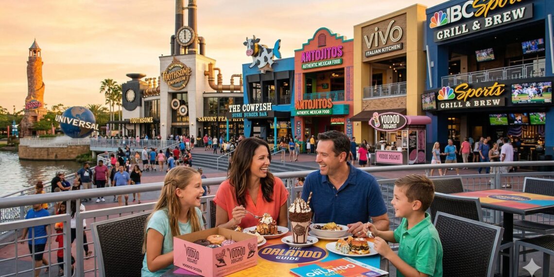 A family enjoying a meal at one of the best Universal CityWalk Restaurants in Orlando Florida during a 2026 vacation