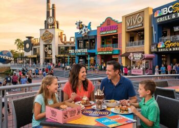 A family enjoying a meal at one of the best Universal CityWalk Restaurants in Orlando Florida during a 2026 vacation