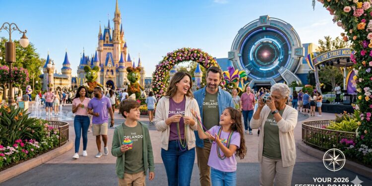 A happy family successfully exploring a busy Orlando Festivals 2026 promenade in March, using refillable water bottles and catching Mardi Gras beads, showcasing how to enjoy the events for less.