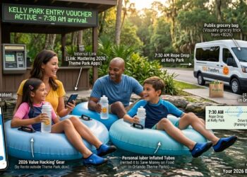 A detailed timeline infographic showing a family navigating the best natural springs near Orlando for families, starting at 7:30 AM at Kelly Park and visiting Silver Glen Springs
