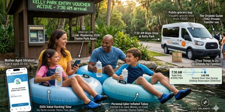 A detailed timeline infographic showing a family navigating the best natural springs near Orlando for families, starting at 7:30 AM at Kelly Park and visiting Silver Glen Springs