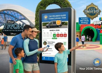 A relaxed family maximizing their Best Time to Visit Orlando 2026 mid-week Tuesday with low crowds at the Universal Epic Universe entrance.