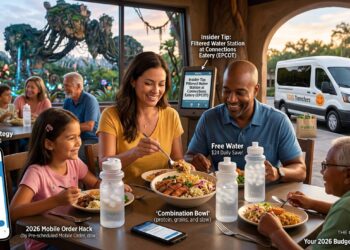 A relaxed family maximizing their How to Save Money on Food in Orlando Theme Parks strategy by sharing high-quality meals at Satu'li Canteen.