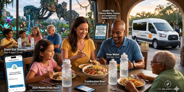 A relaxed family maximizing their How to Save Money on Food in Orlando Theme Parks strategy by sharing high-quality meals at Satu'li Canteen.