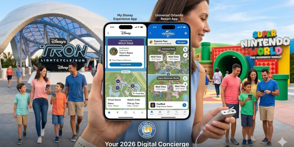 A mother using Orlando Theme Park Apps to check wait times and book a Lightning Lane in front of a theme park icon in 2026