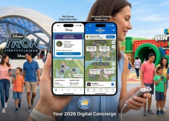 A mother using Orlando Theme Park Apps to check wait times and book a Lightning Lane in front of a theme park icon in 2026
