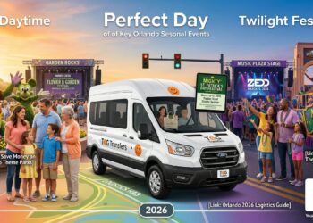 A detailed timeline infographic of the best Orlando special events March 2026, showing a family navigating the EPCOT Flower & Garden Festival and Universal's Mardi Gras parade