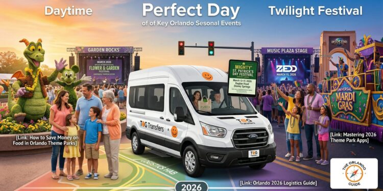 A detailed timeline infographic of the best Orlando special events March 2026, showing a family navigating the EPCOT Flower & Garden Festival and Universal's Mardi Gras parade