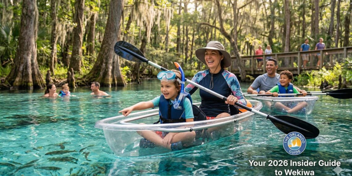 A family enjoying outdoor adventures for families in Orlando at a scenic Florida spring with clear water and kayaks