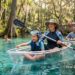 A family enjoying outdoor adventures for families in Orlando at a scenic Florida spring with clear water and kayaks