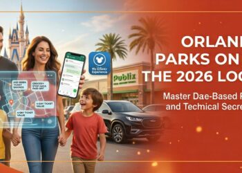 A happy family successfully rope-dropping TRON Lightcycle / Run in March 2026, using refillable water bottles and mobile ordering, illustrating how to experience Orlando theme parks on a budget