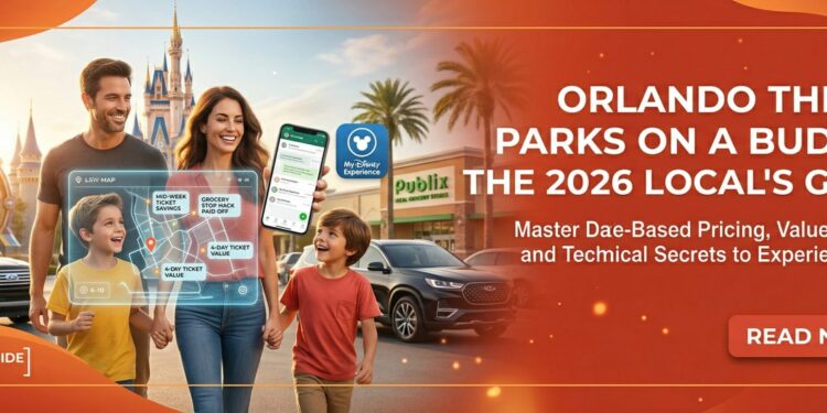 A happy family successfully rope-dropping TRON Lightcycle / Run in March 2026, using refillable water bottles and mobile ordering, illustrating how to experience Orlando theme parks on a budget