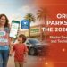 A happy family successfully rope-dropping TRON Lightcycle / Run in March 2026, using refillable water bottles and mobile ordering, illustrating how to experience Orlando theme parks on a budget