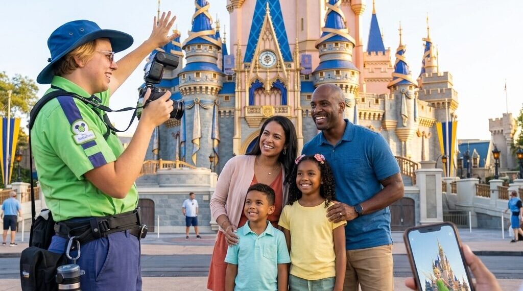 A family taking professional Family Photos in Orlando with a park icon and a sunset background in 2026.