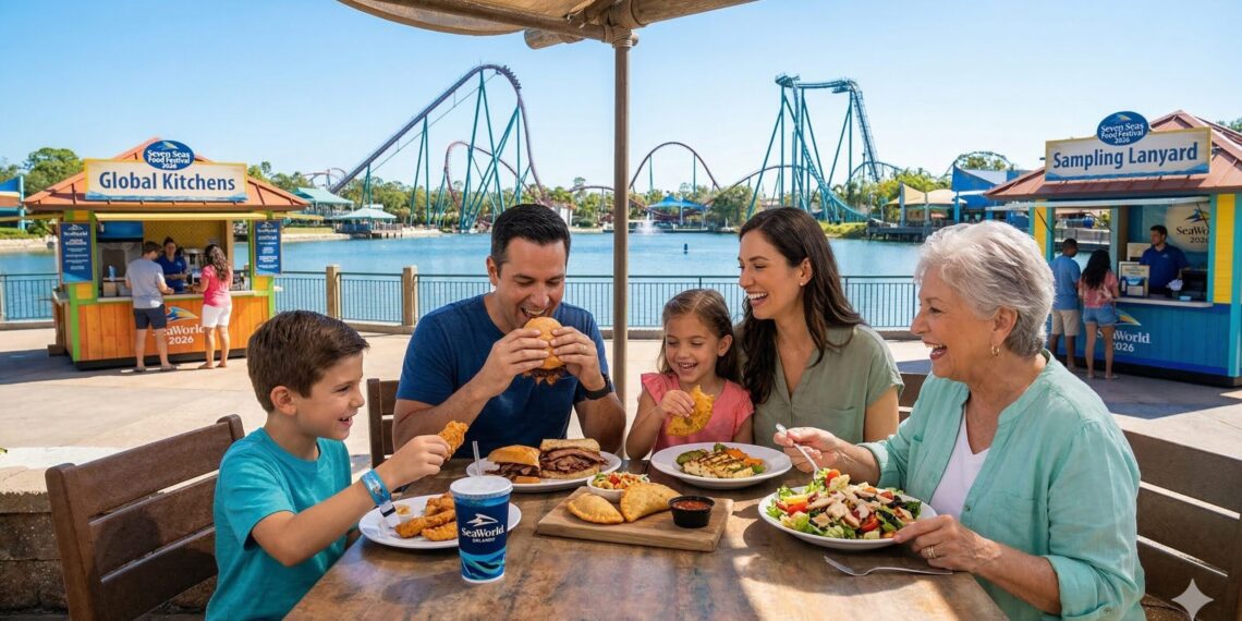 A family enjoying a wide variety of Cuisine Options at SeaWorld Orlando including the All-Day Dining Deal and Shark’s Underwater Grill