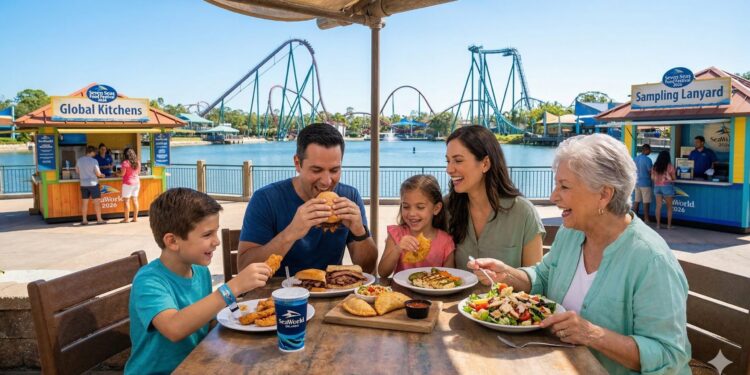 A family enjoying a wide variety of Cuisine Options at SeaWorld Orlando including the All-Day Dining Deal and Shark’s Underwater Grill